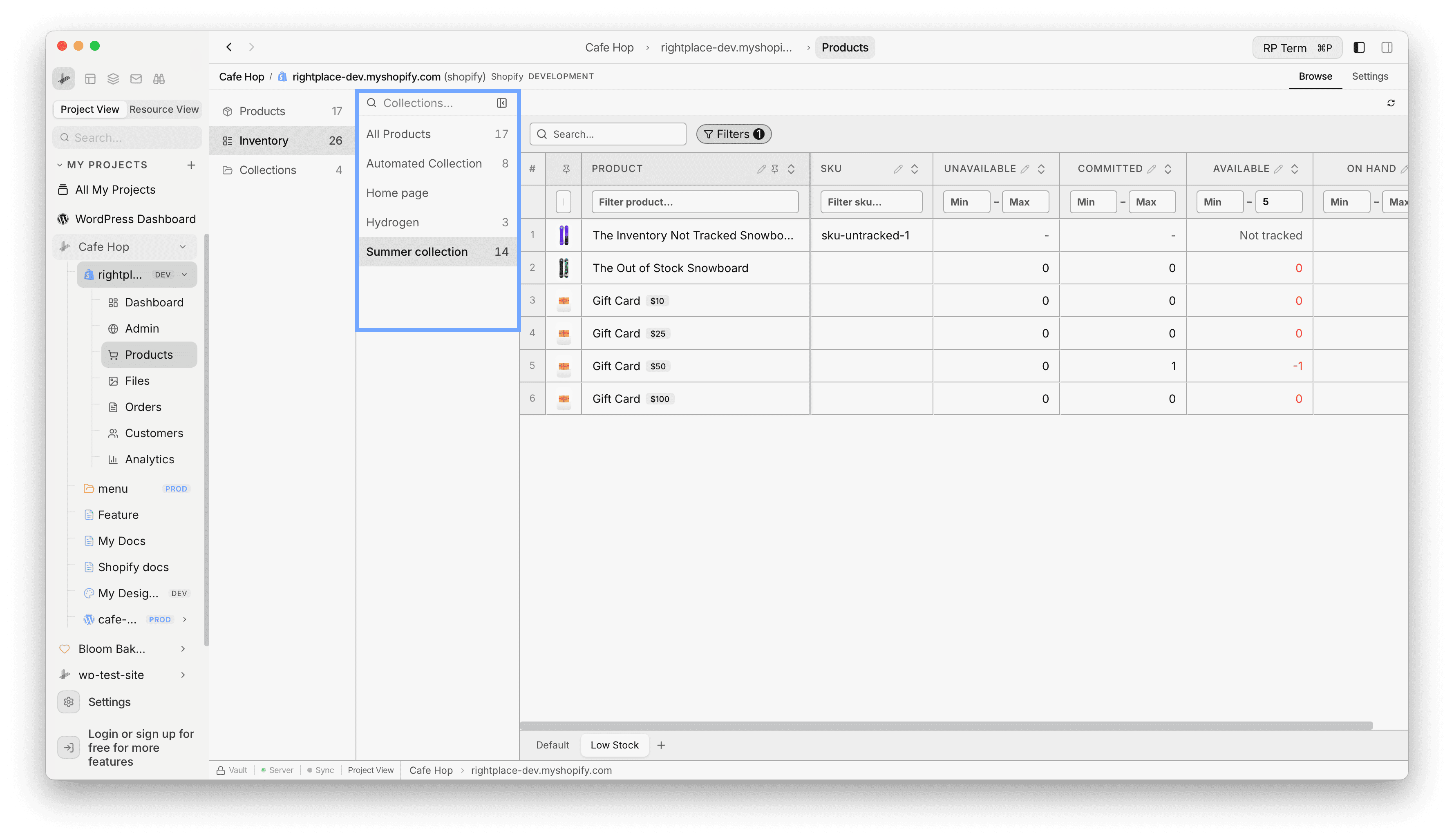 Inventory grid filtered by a collection such as Summer collection