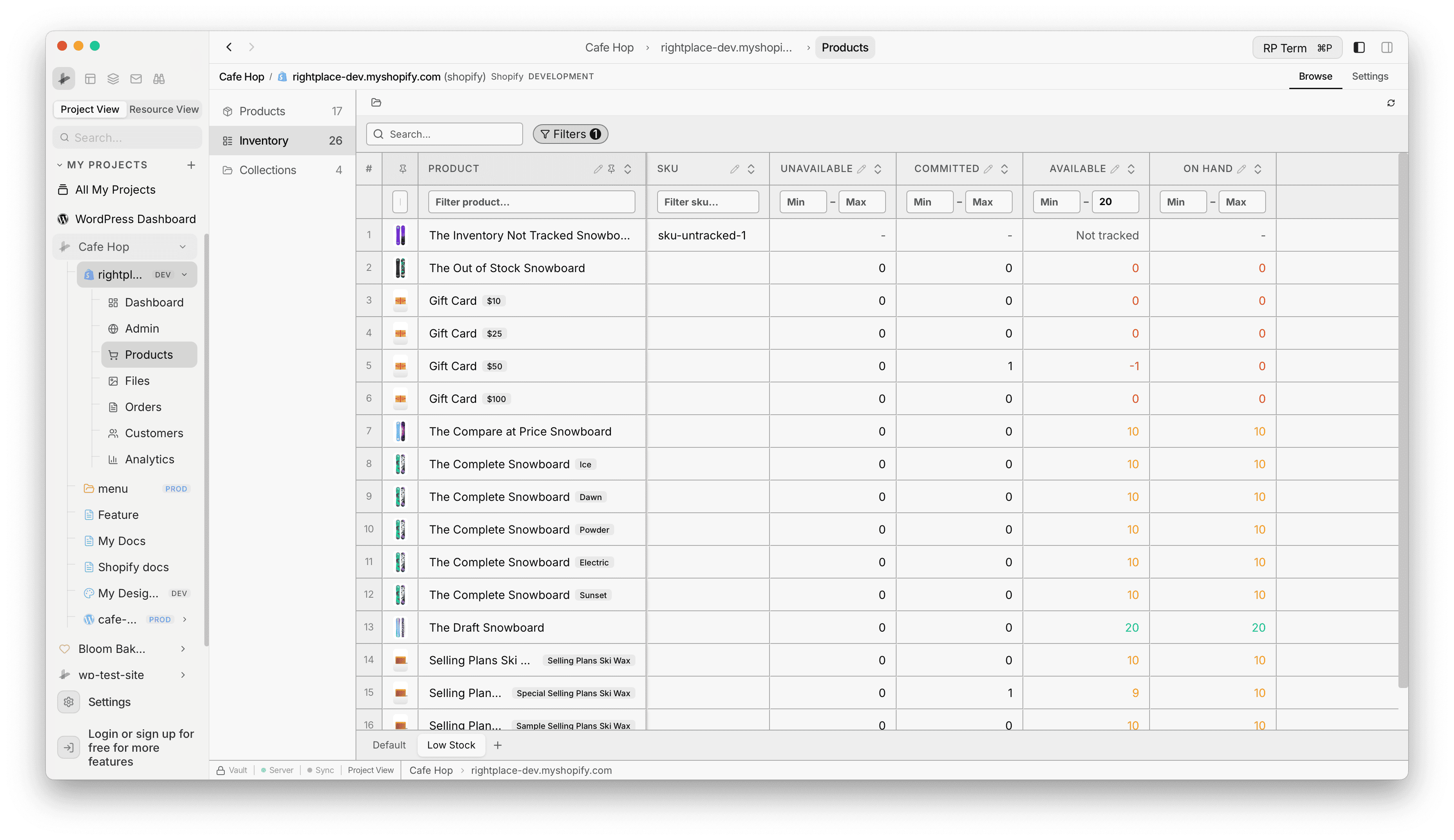 Inventory table with Min and Max filters on stock columns