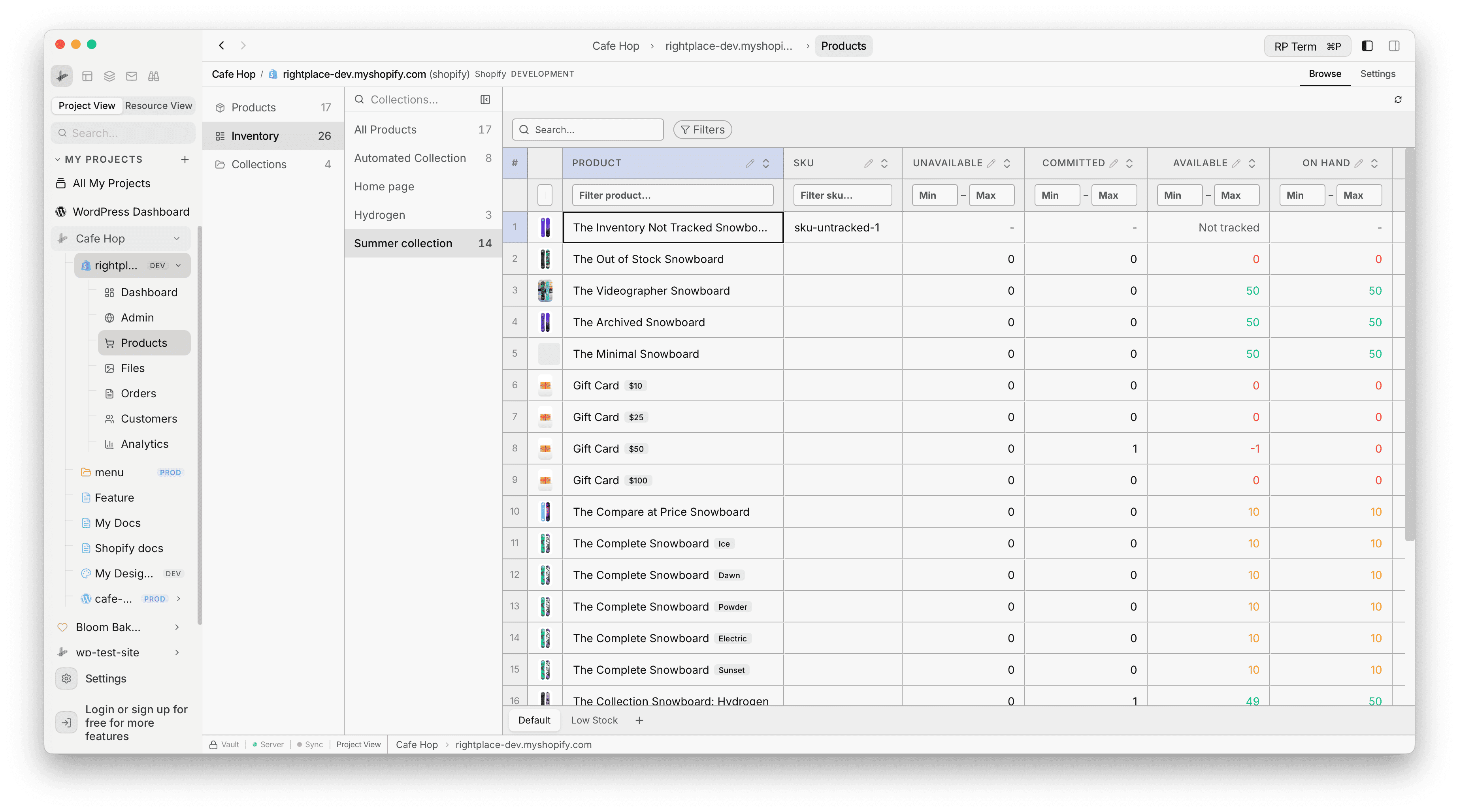 Inventory selected in the middle column with the inventory grid