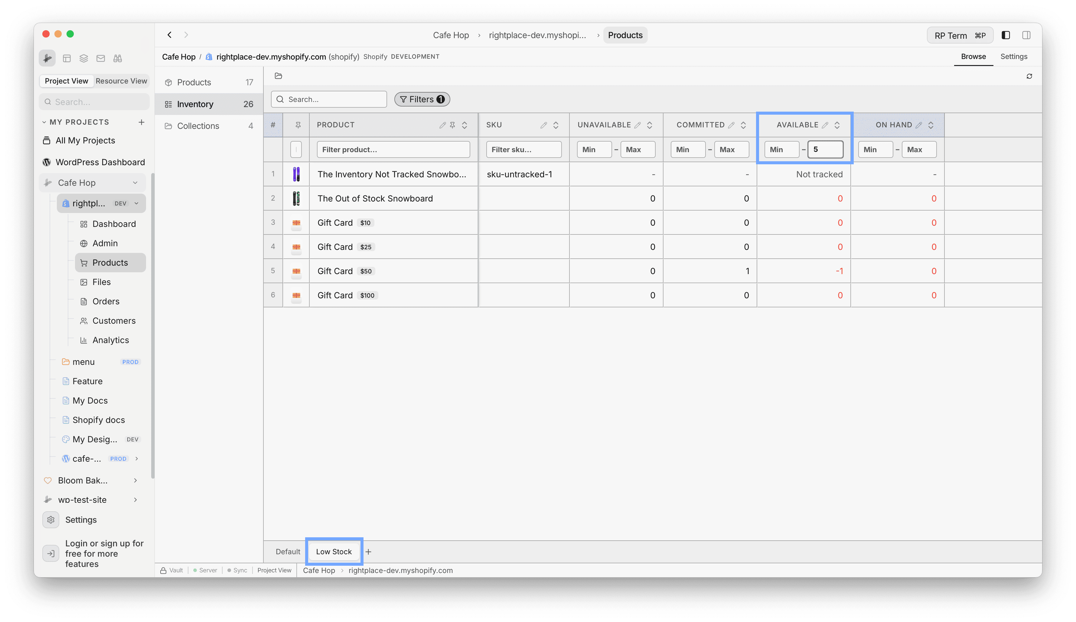 Inventory bottom tabs for Default and Low Stock views