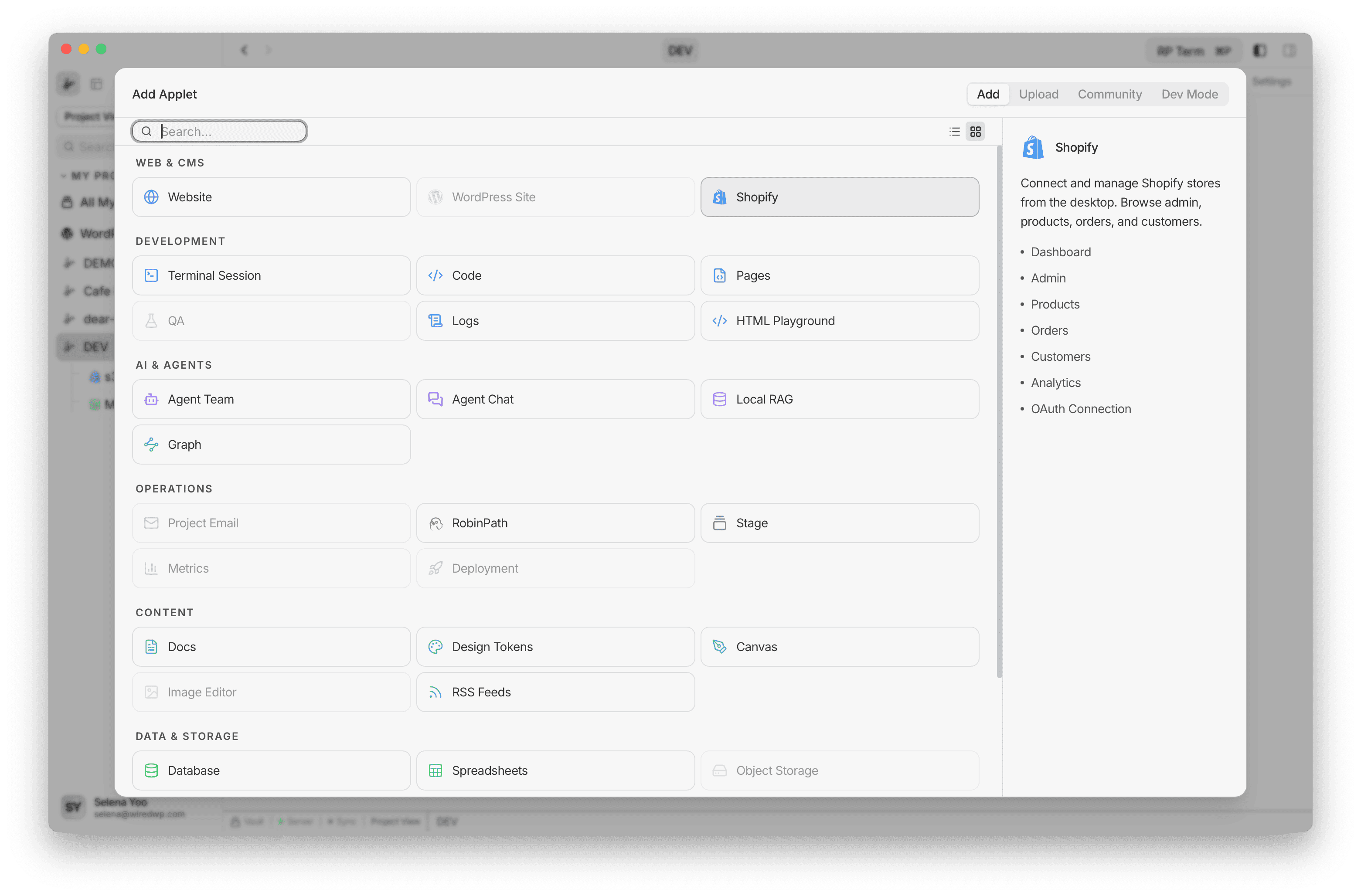 Add Applet dialog with Web and CMS category and Shopify selected
