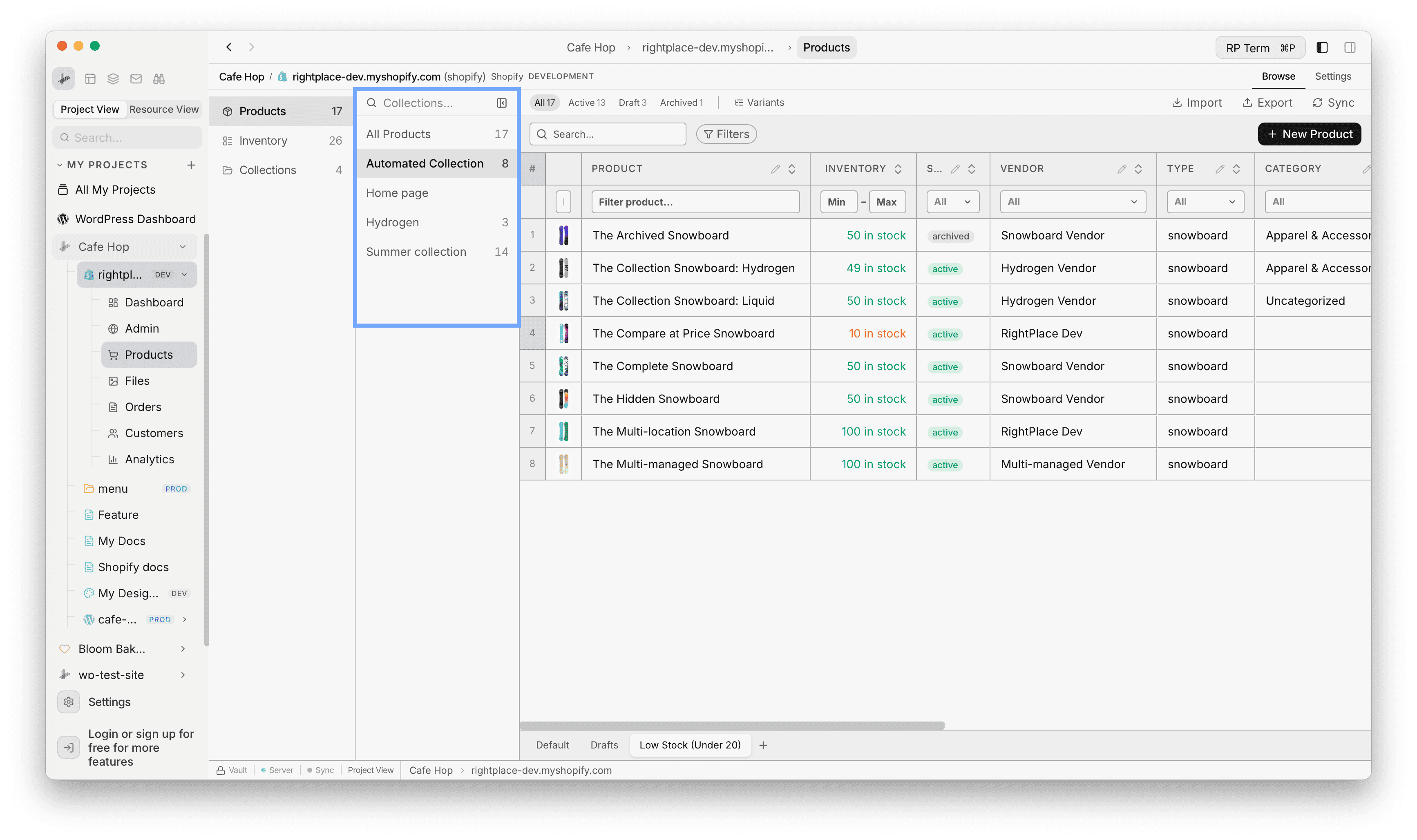 Products view with middle column showing Products, Inventory, Collections and collection filter list