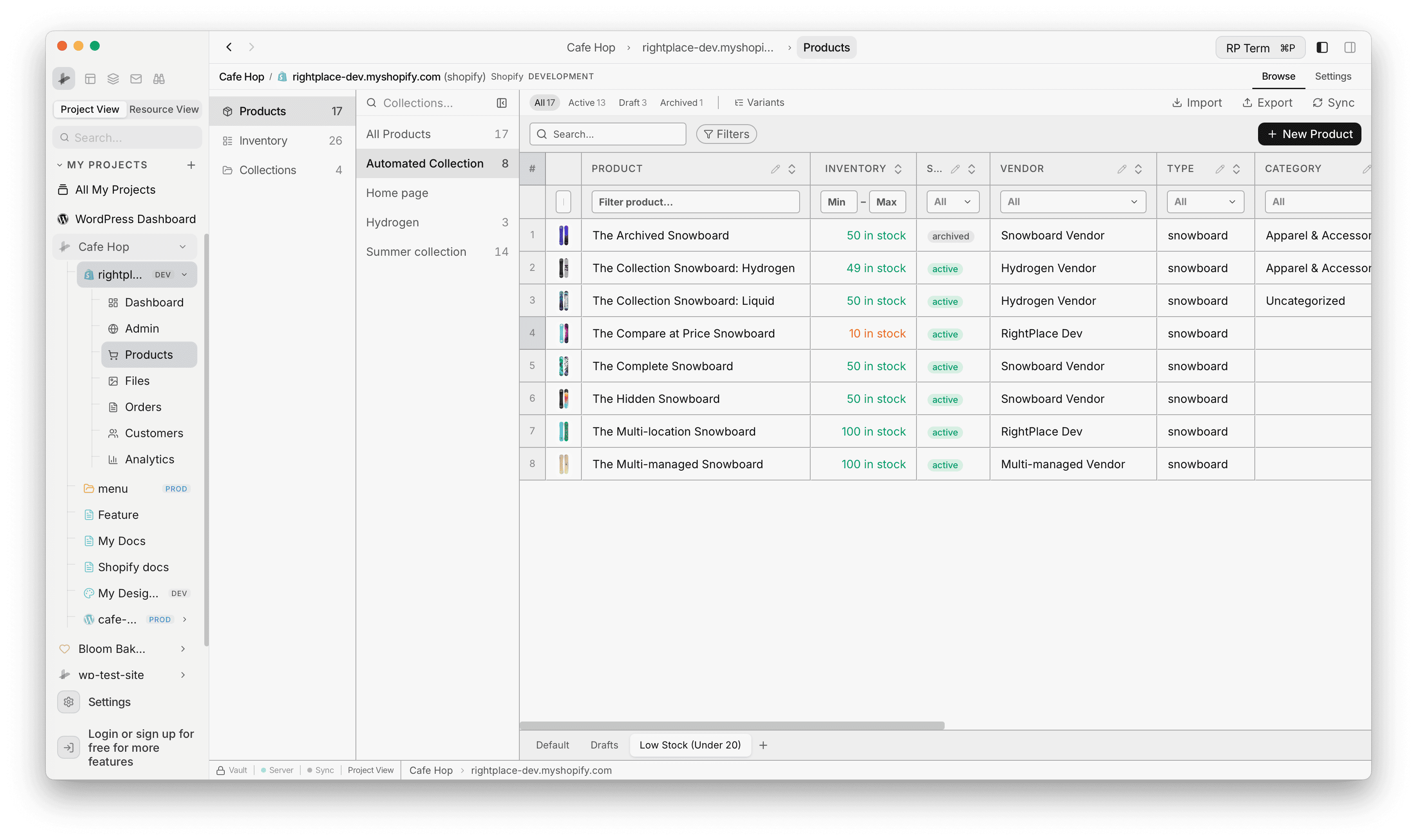 Products overview with collections rail, status pills, and toolbar