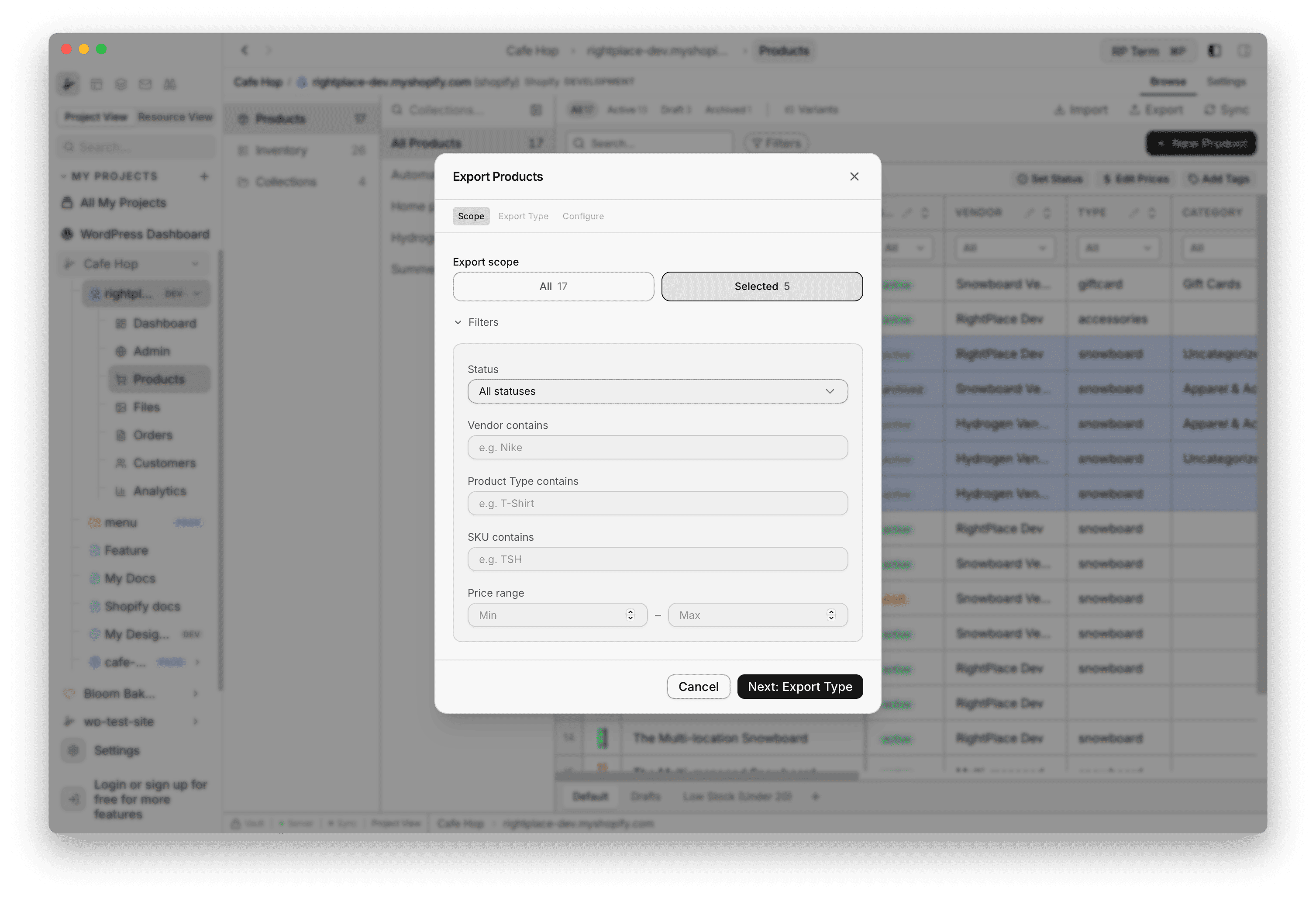 Export Products Scope step with All versus Selected and filter fields
