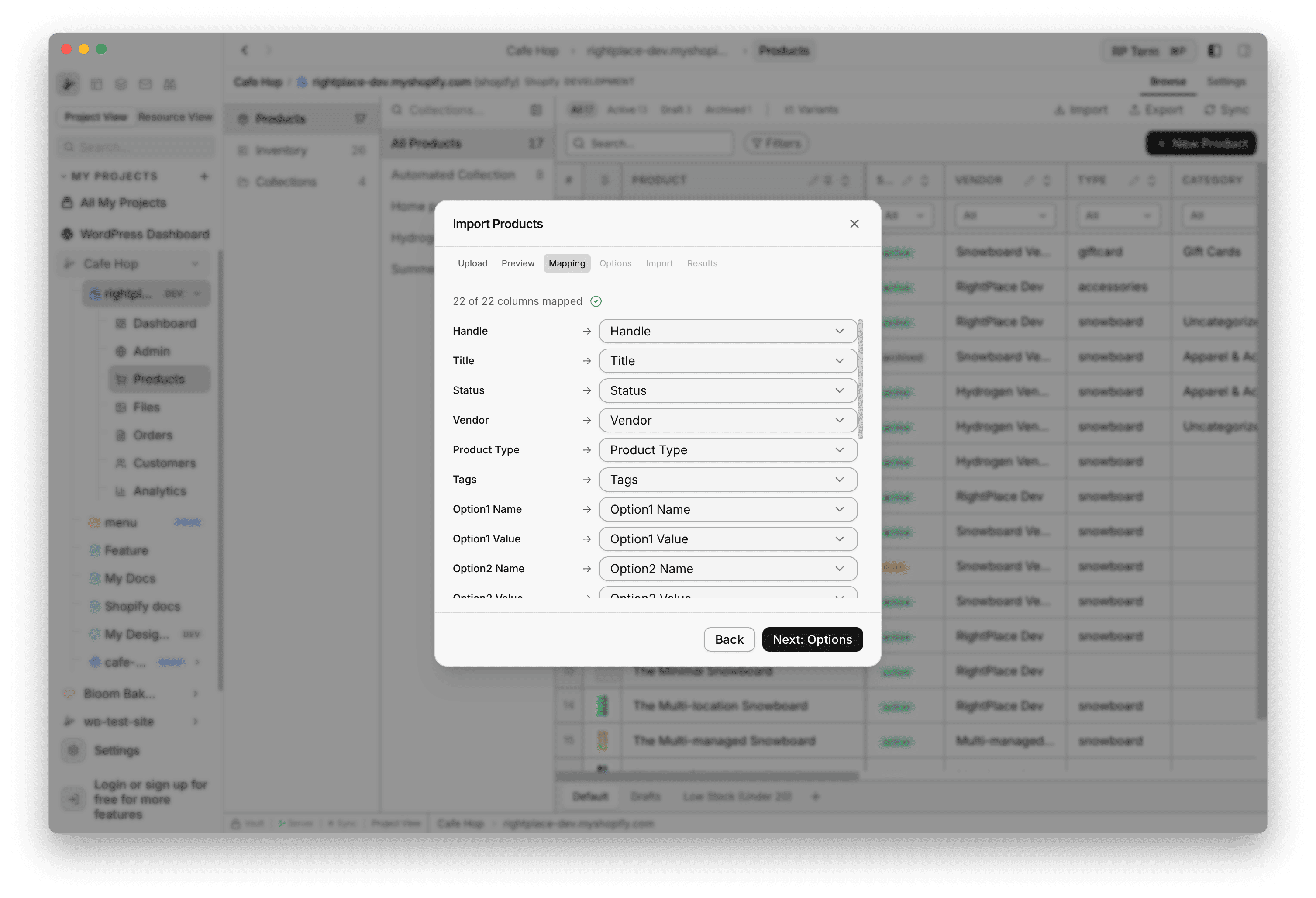 Import Products Mapping step with CSV columns mapped to Shopify fields