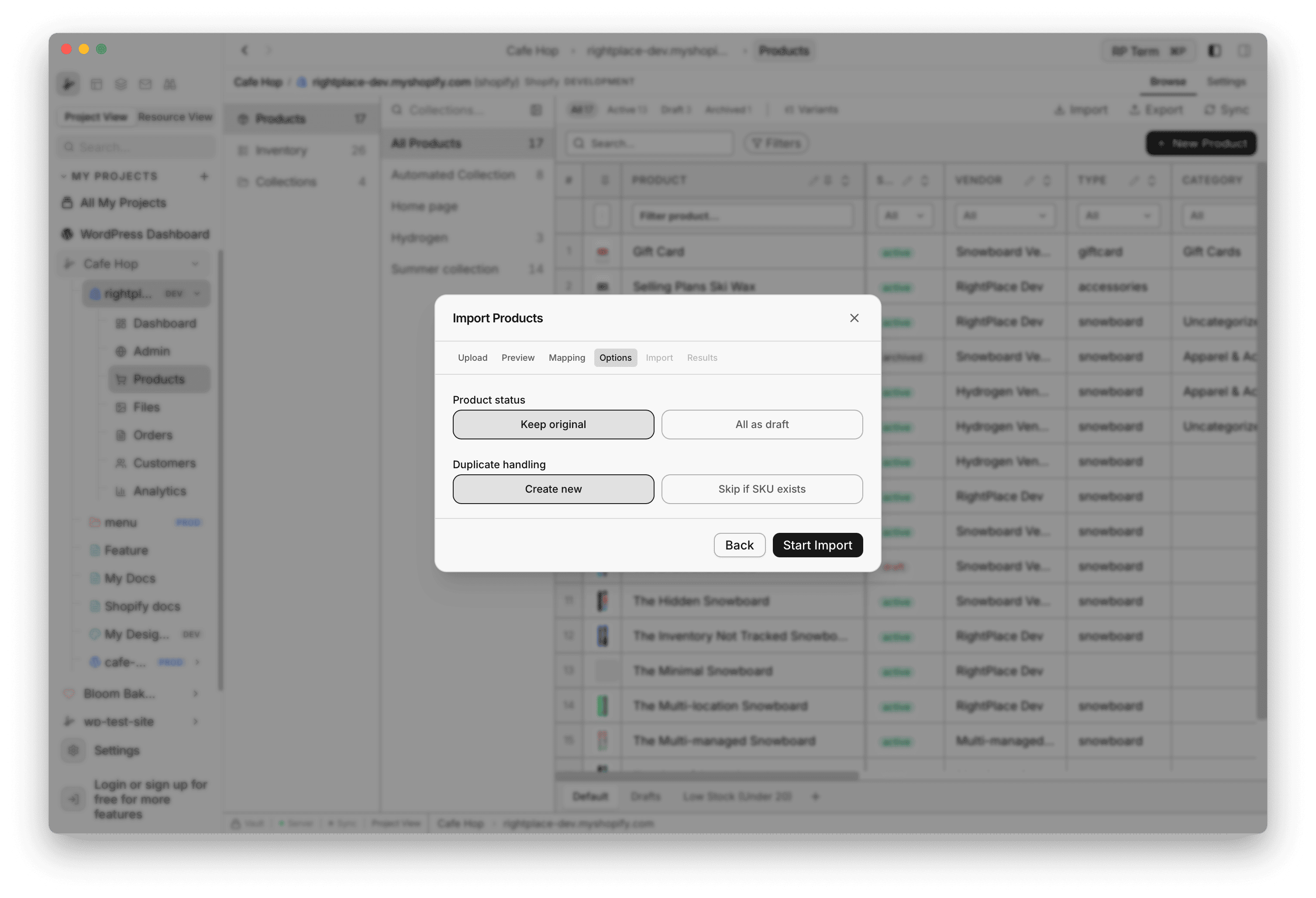 Import Products Options step with status and duplicate handling