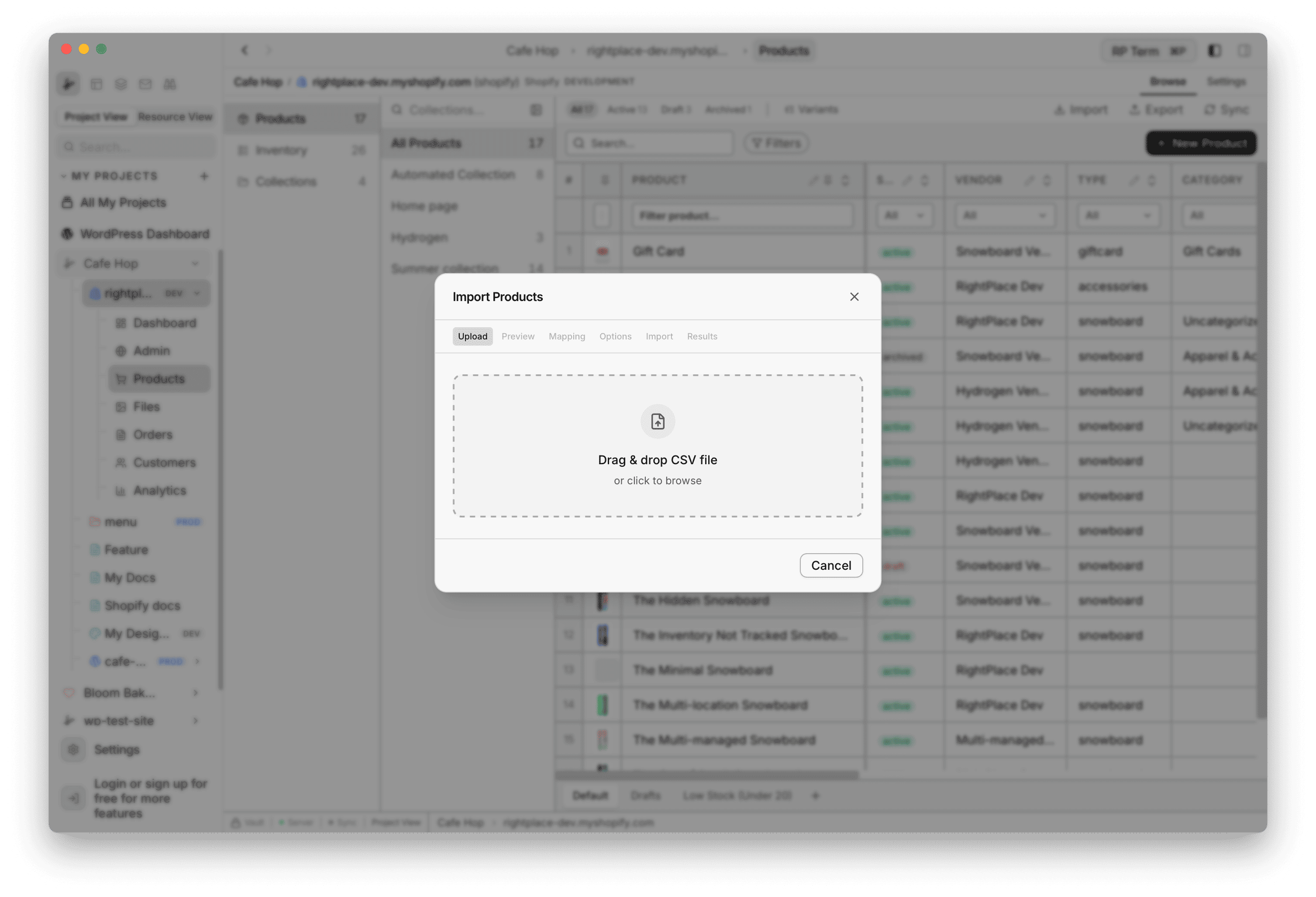 Import Products modal on the Upload step