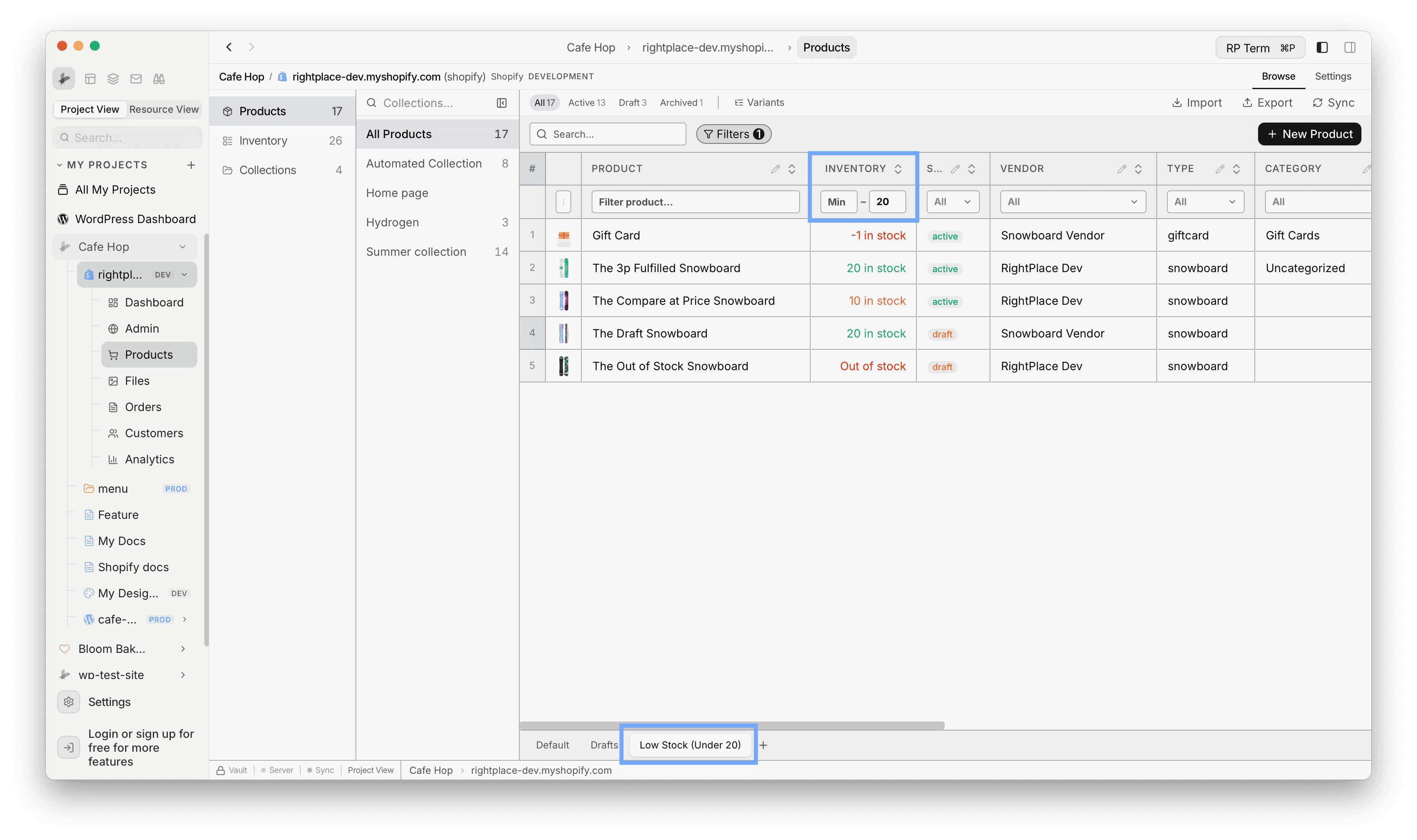 Bottom view tabs with a Low Stock filter on inventory max