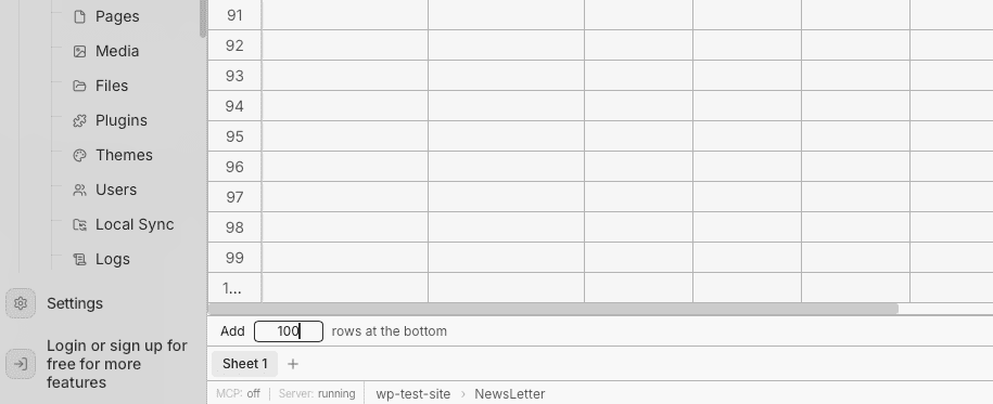 Add Rows bar at the bottom of the grid with an input field for row count