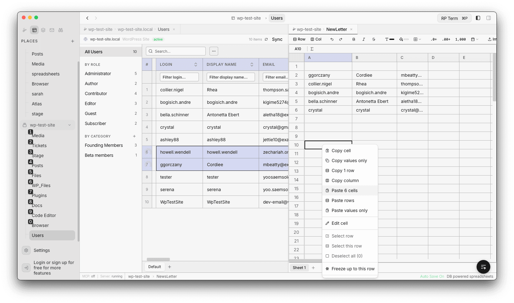 Context menu showing paste and freeze options