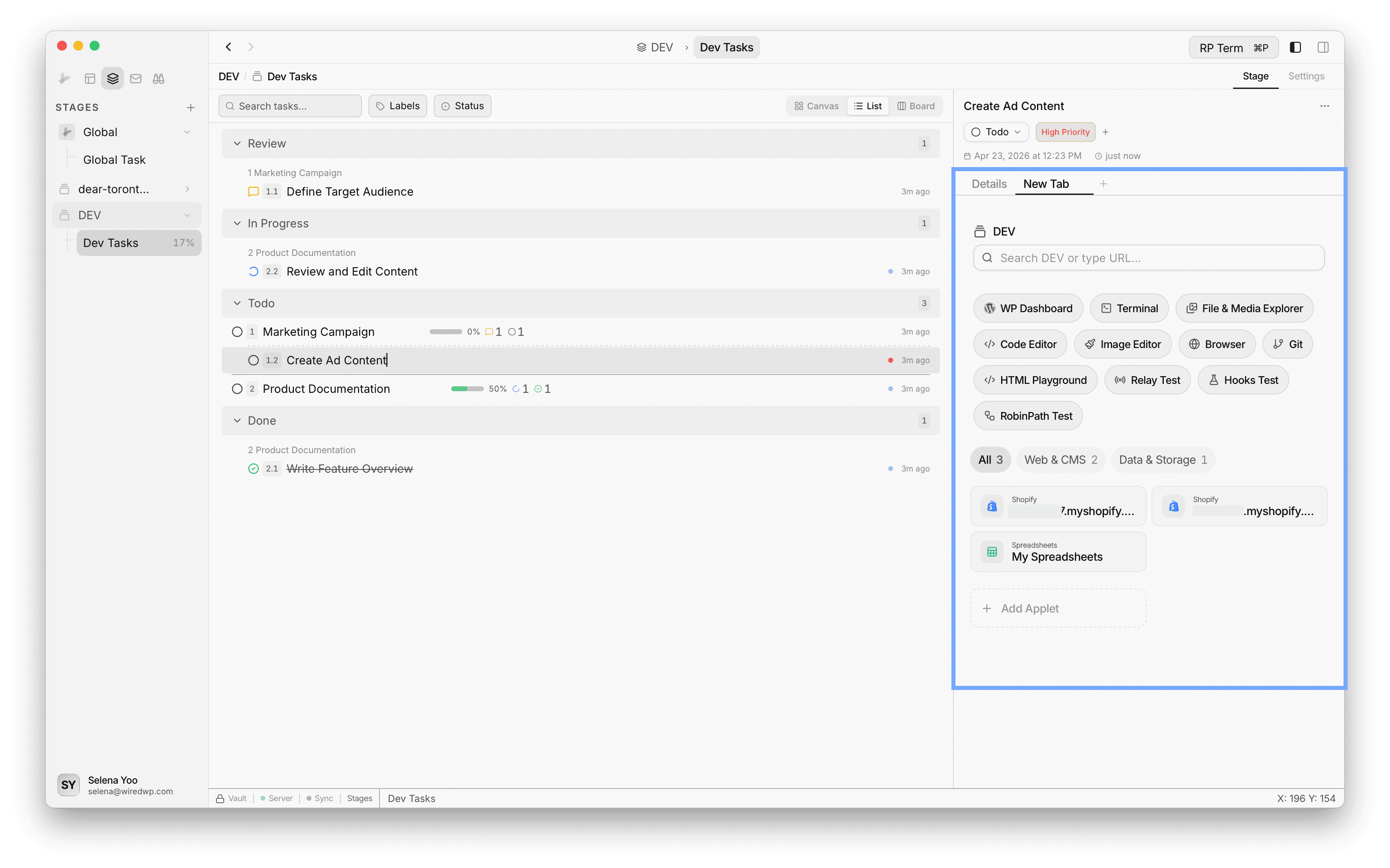 Stage task detail showing New Tab panel with linked applets and places for quick access