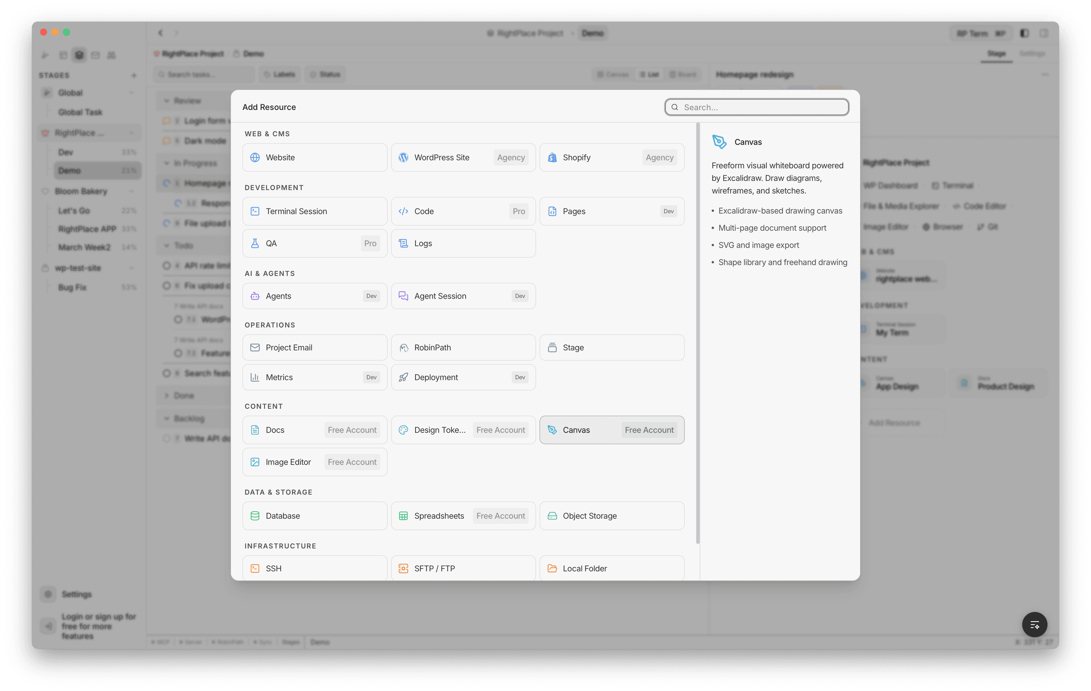 Add Resource dialog accessible from within the Stages view