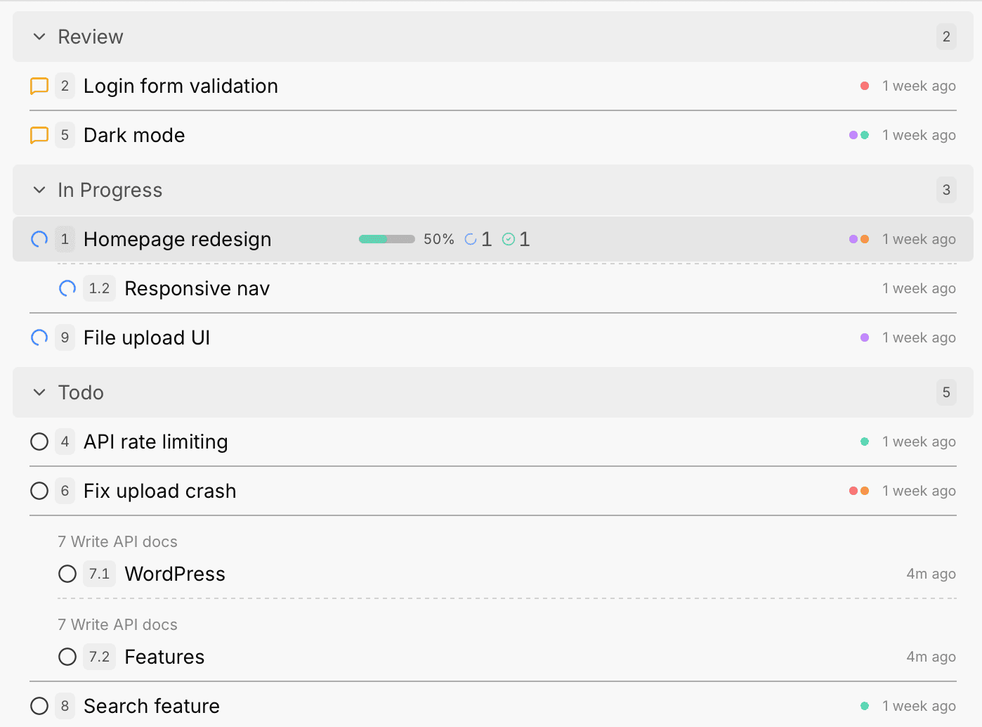 List view with labels displayed as color dots instead of badges