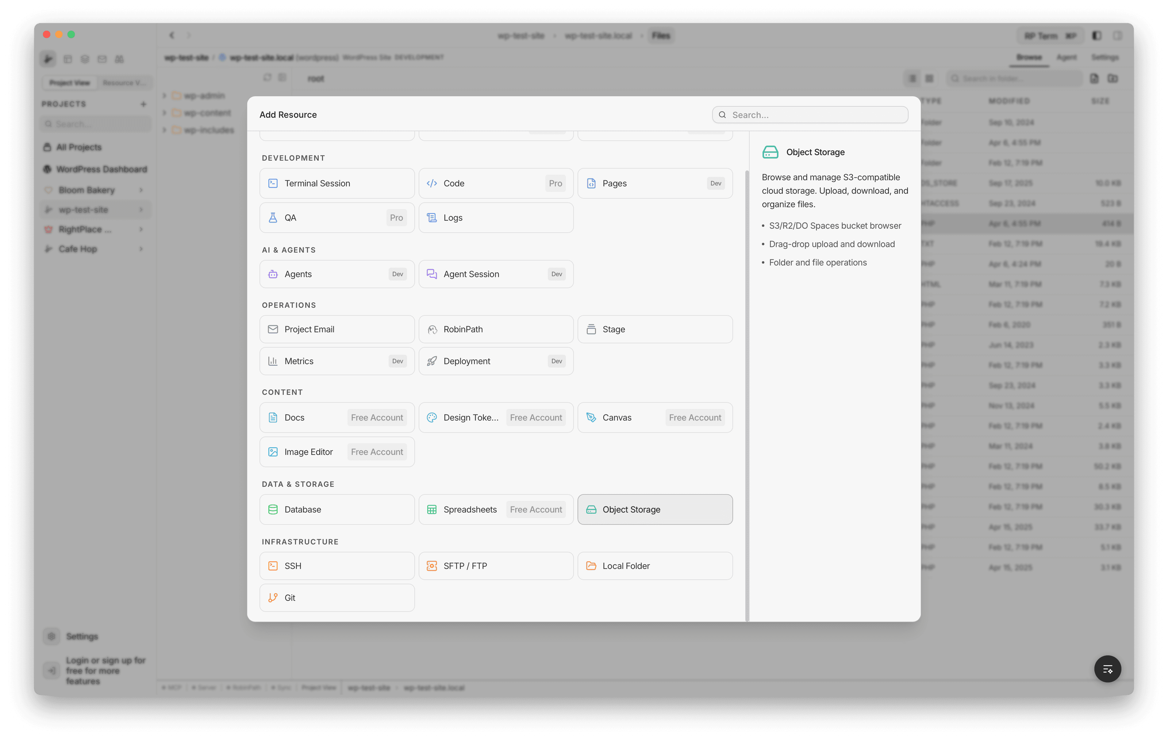 Add Applet dialog showing Object Storage under the Servers & Hosting category