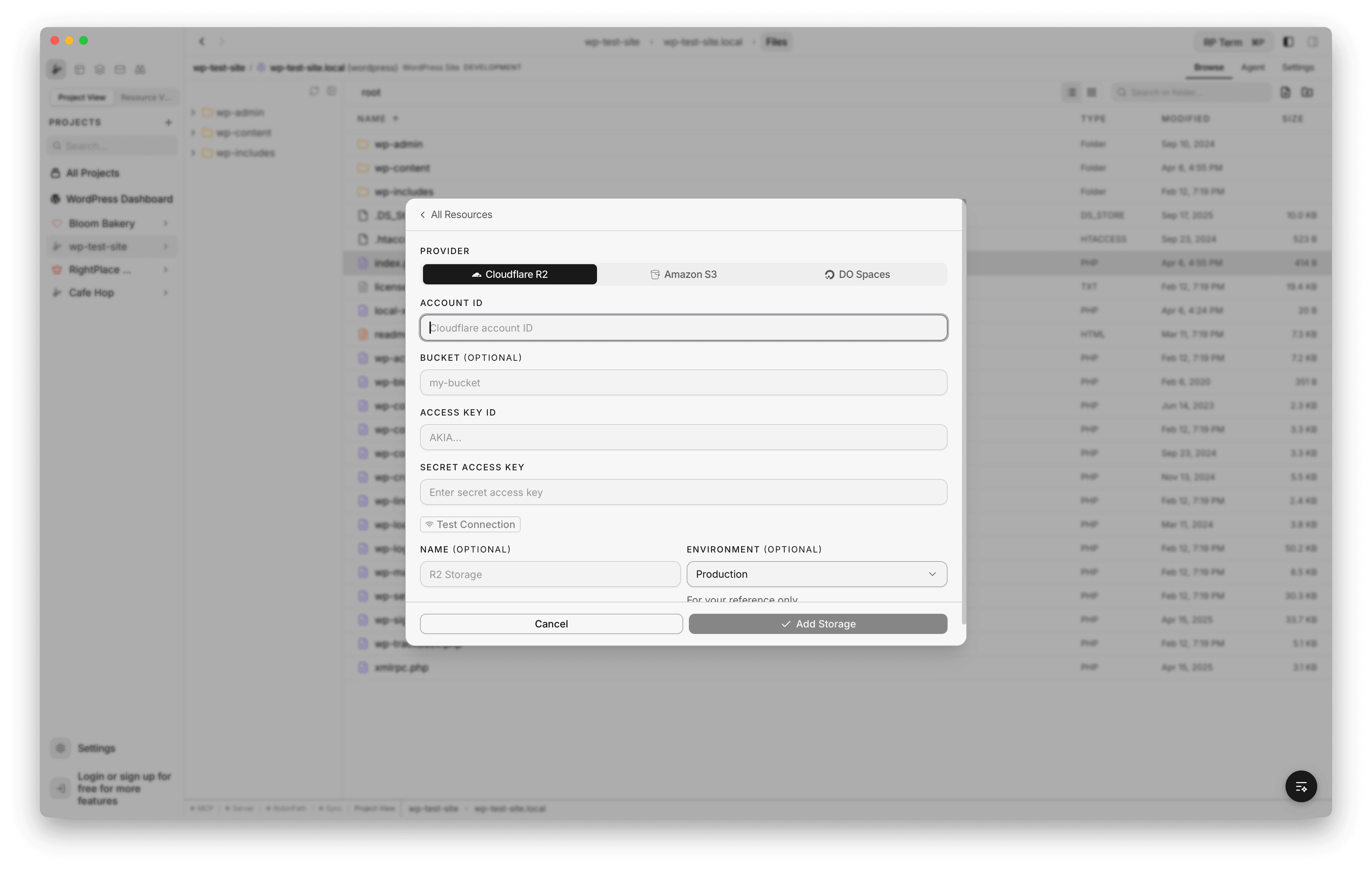 Object Storage creation form with Cloudflare R2 selected, showing Account ID, Bucket, Access Key ID, Secret Access Key, Test Connection button, name, and environment