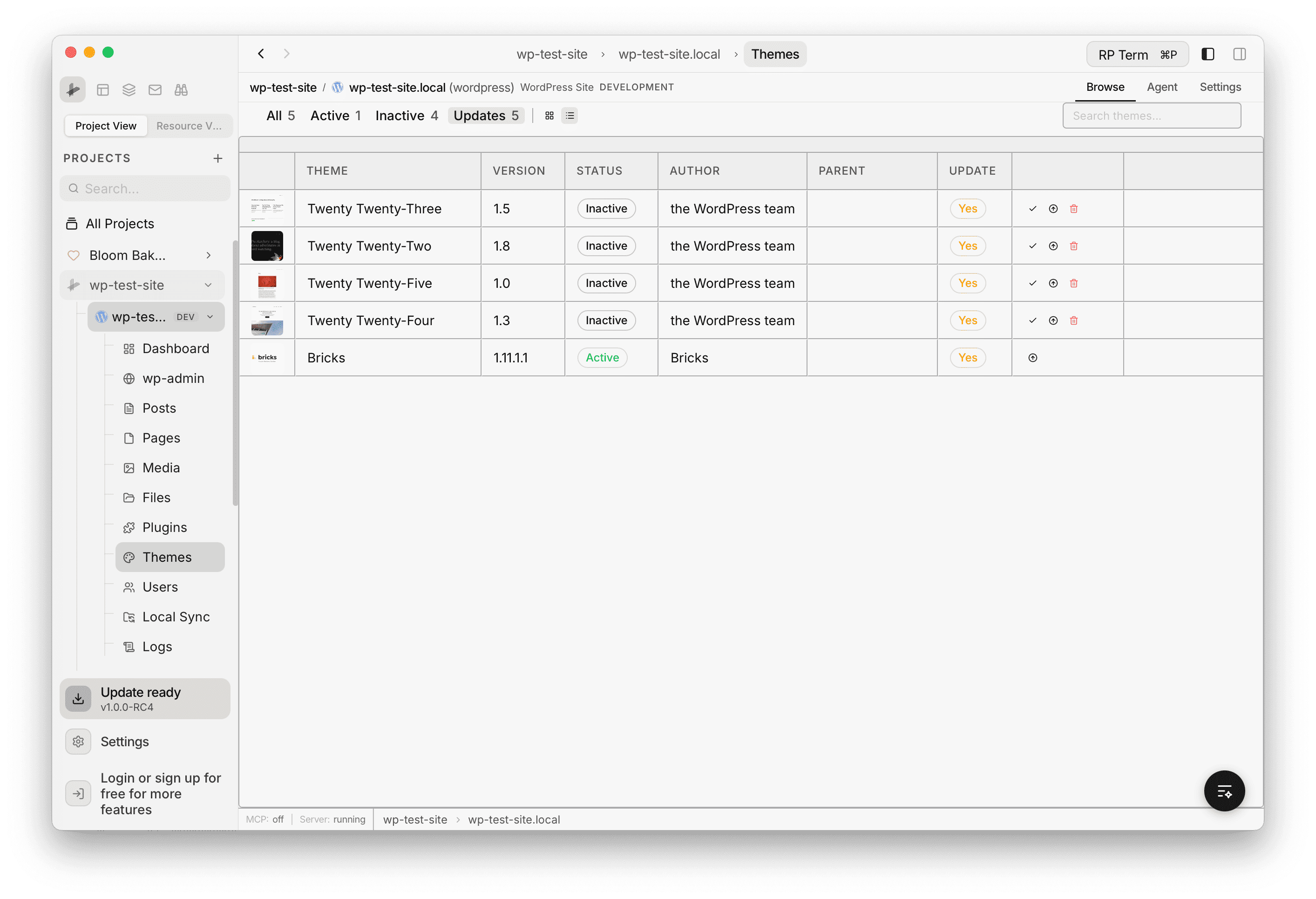 Themes table view showing theme thumbnails, version, status badges, author, parent theme, update availability, and action icons