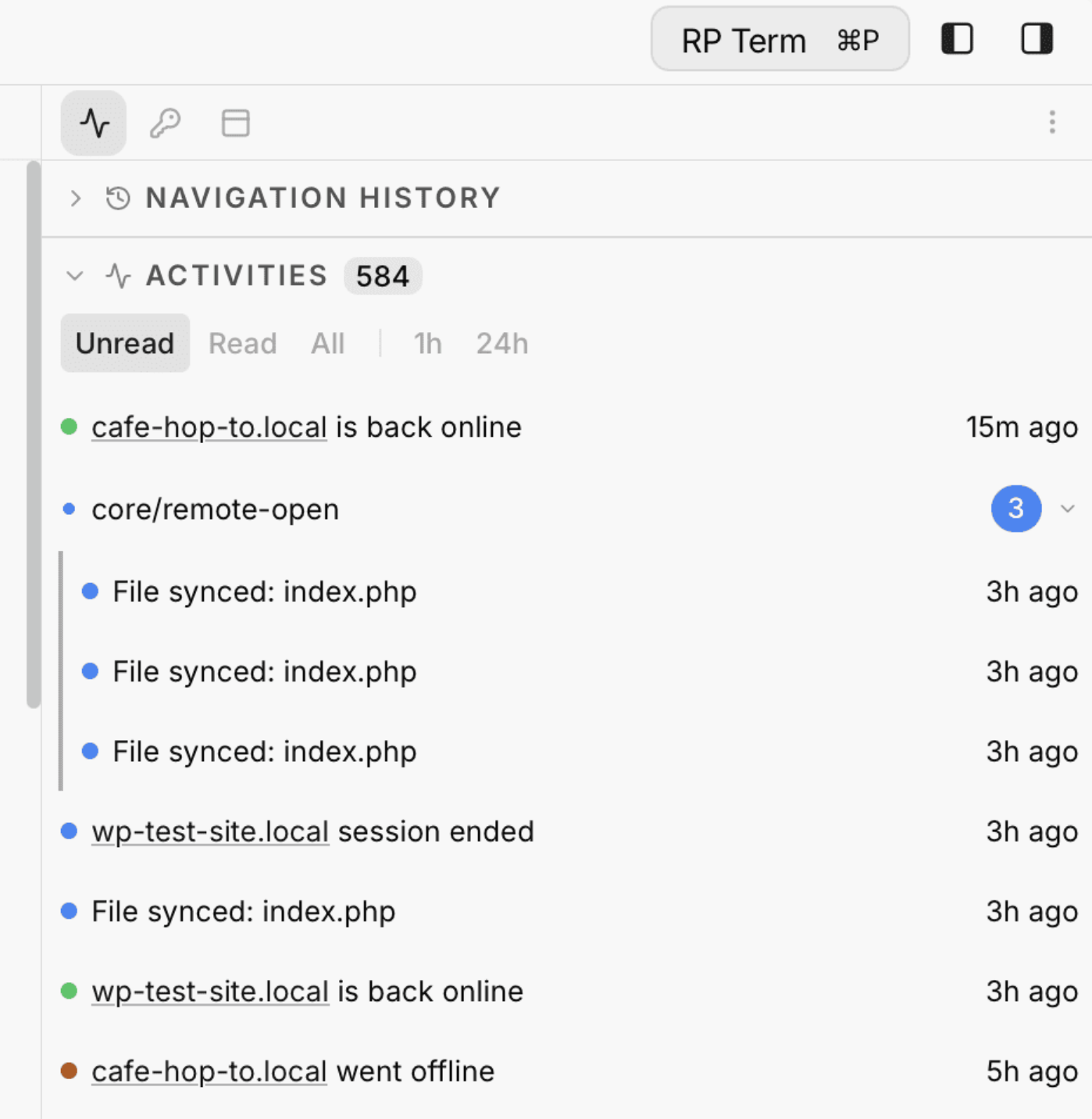 Activities panel showing a list of recent activities with status icons, timestamps, and progress bars