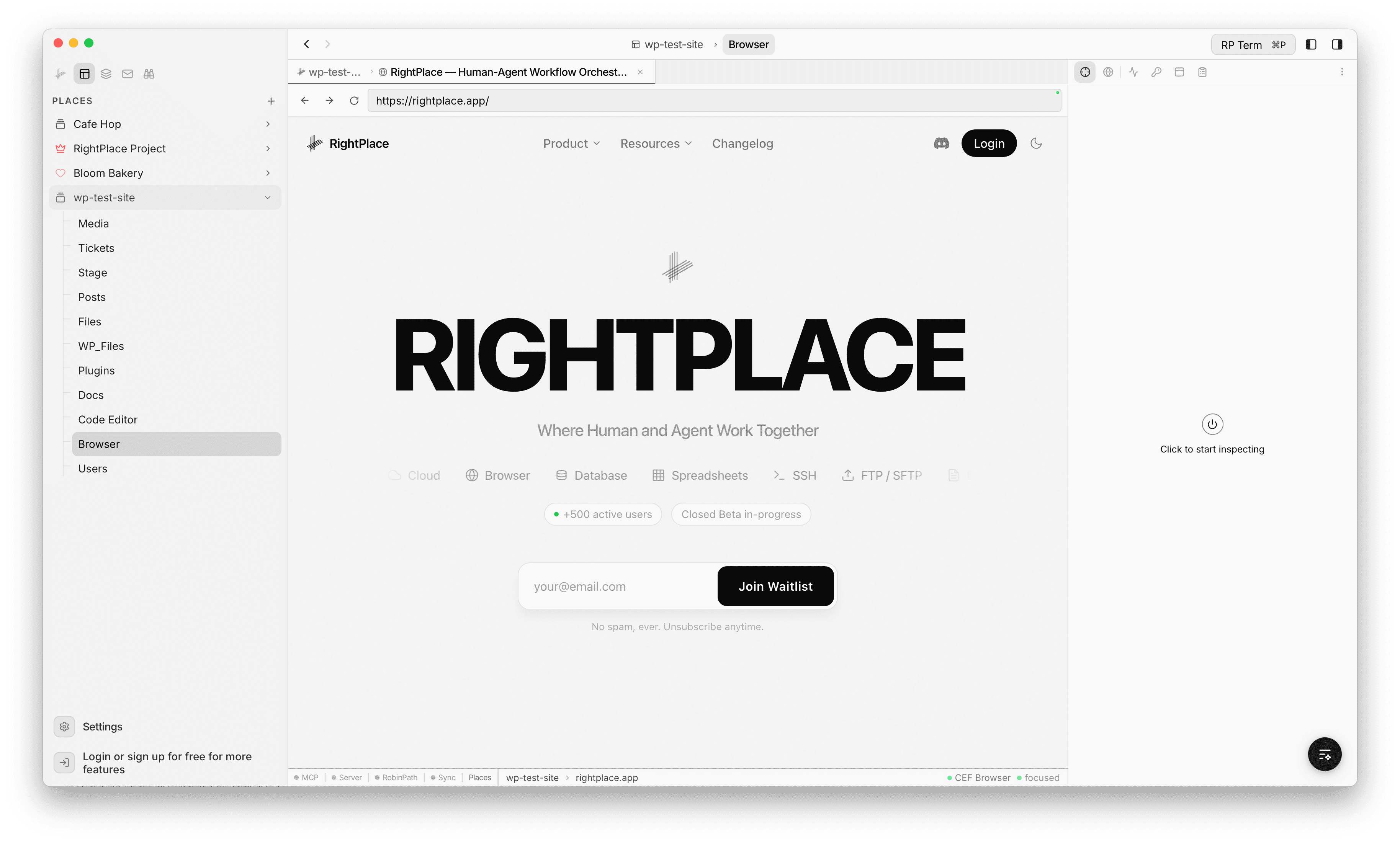 Browser panel showing connection status dots for Site, Session, and Plugin with hostname and timestamps