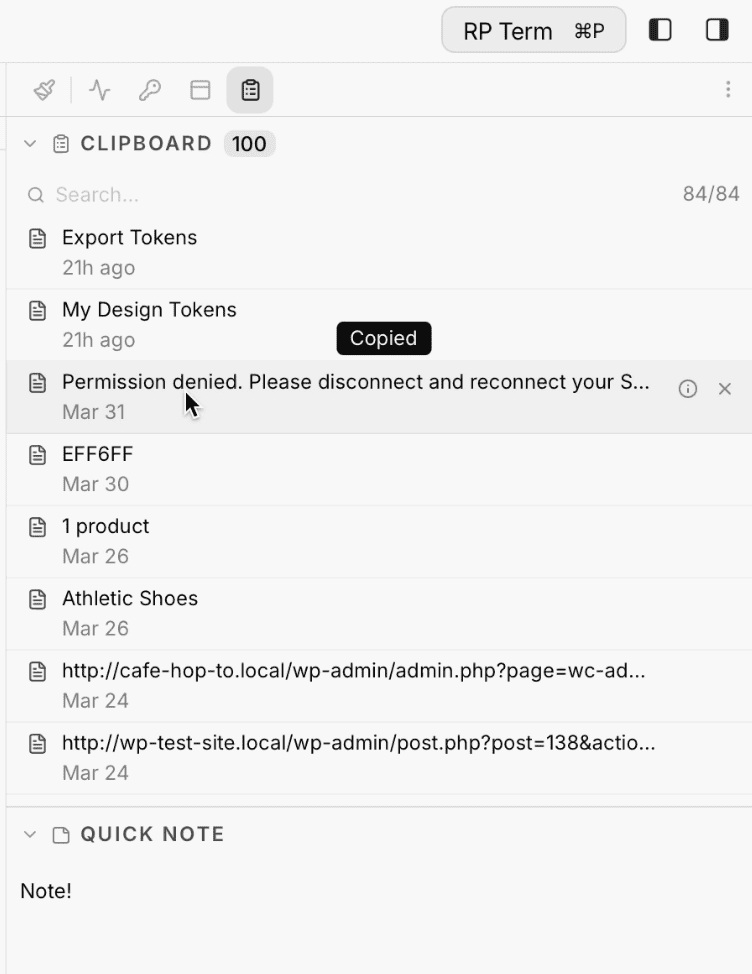 Clipboard panel showing a list of copied items with type icons, timestamps, and a quick notes section below