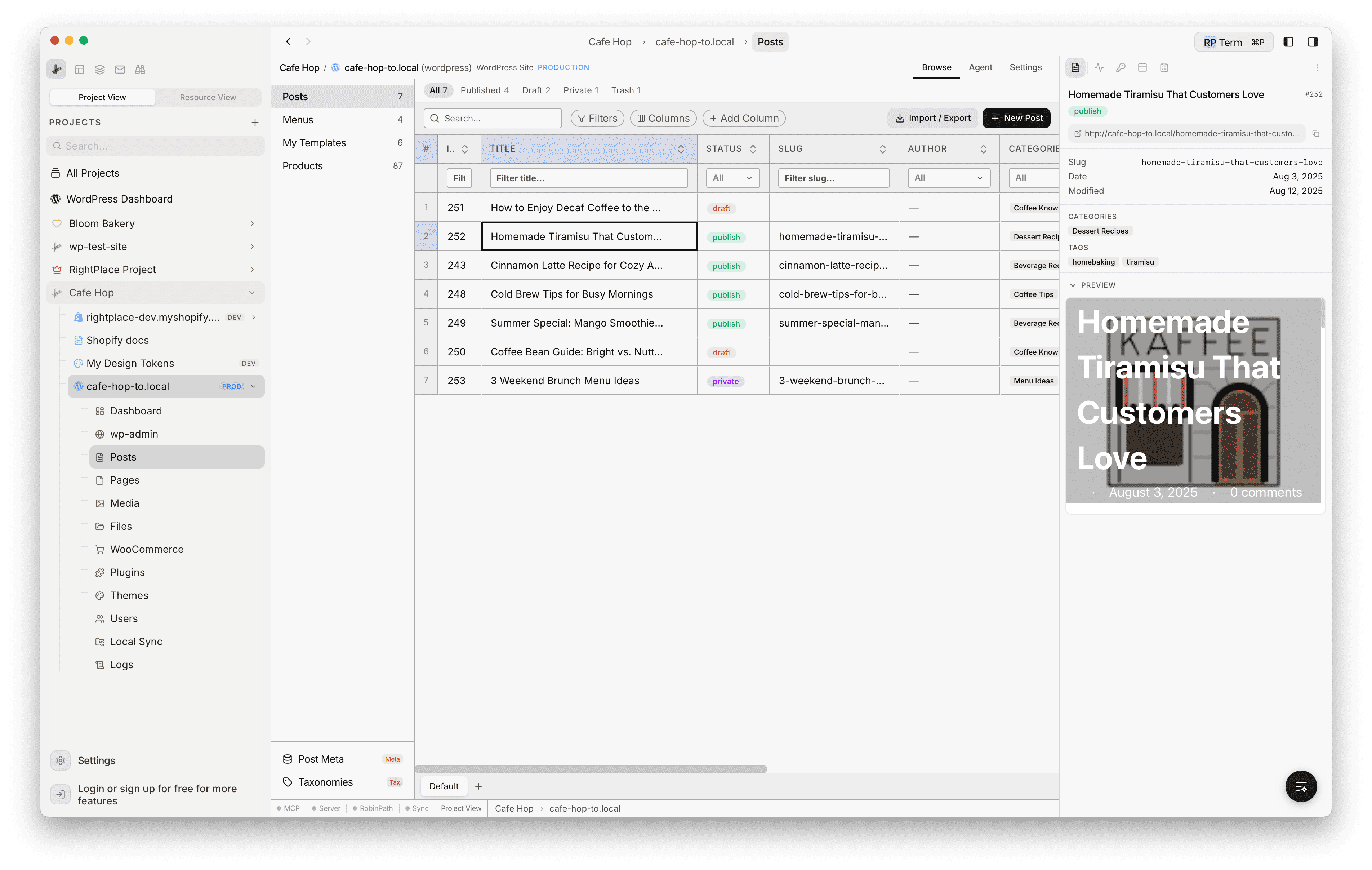Posts panel showing a post's title, status badge, slug, permalink, author info, dates, and taxonomy terms