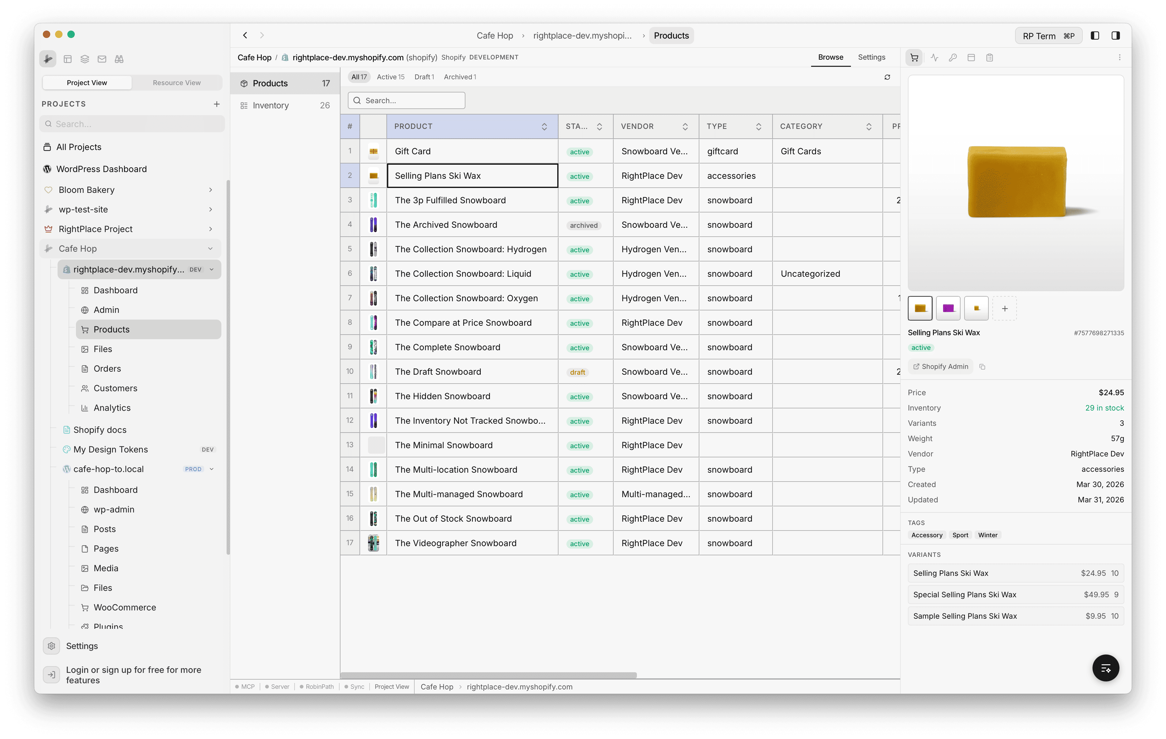 Shopify Products panel showing product image, title, status, price, variants, and inventory levels