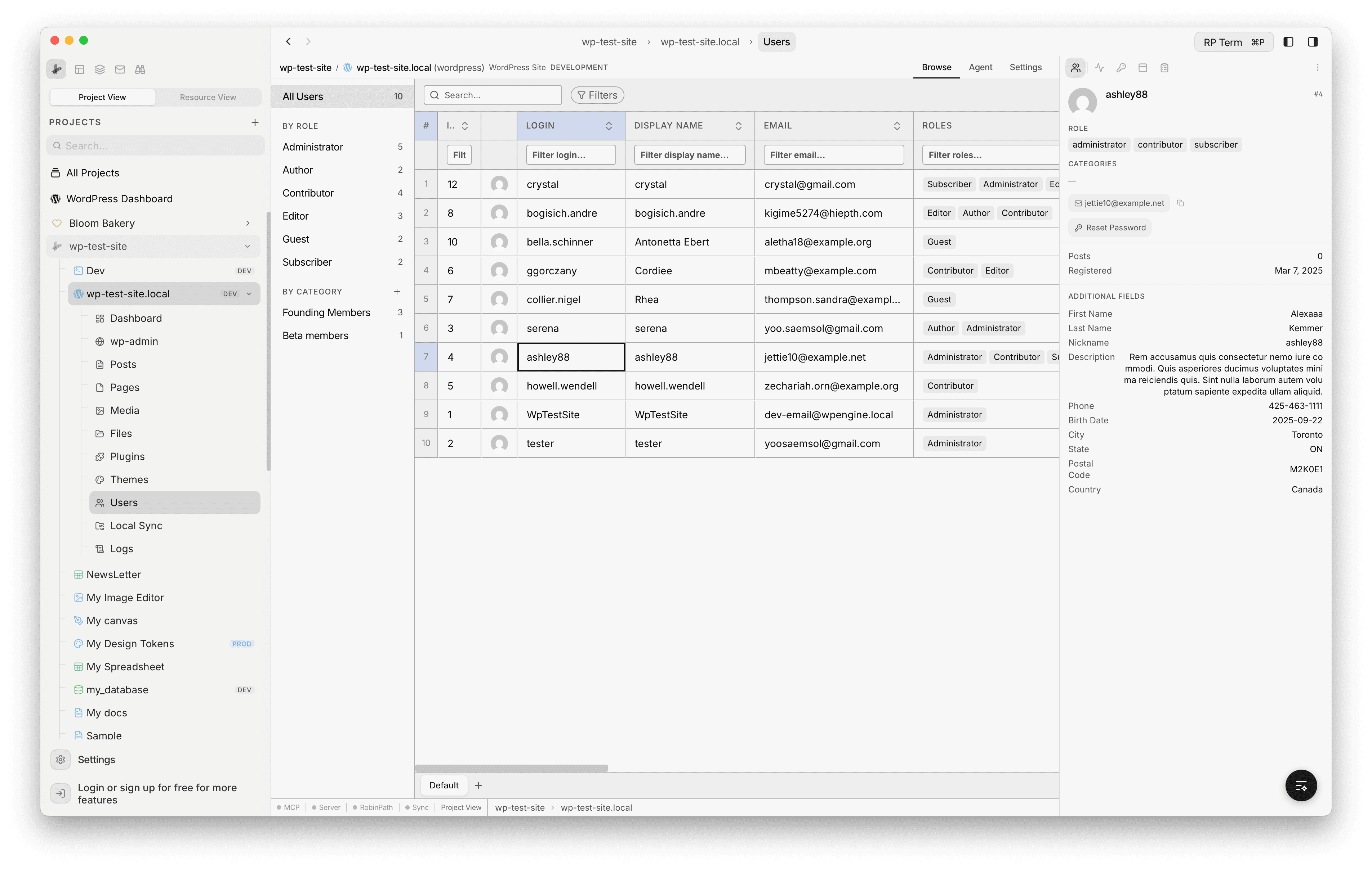 Users panel showing a user avatar, login name, email, roles, post count, and action buttons