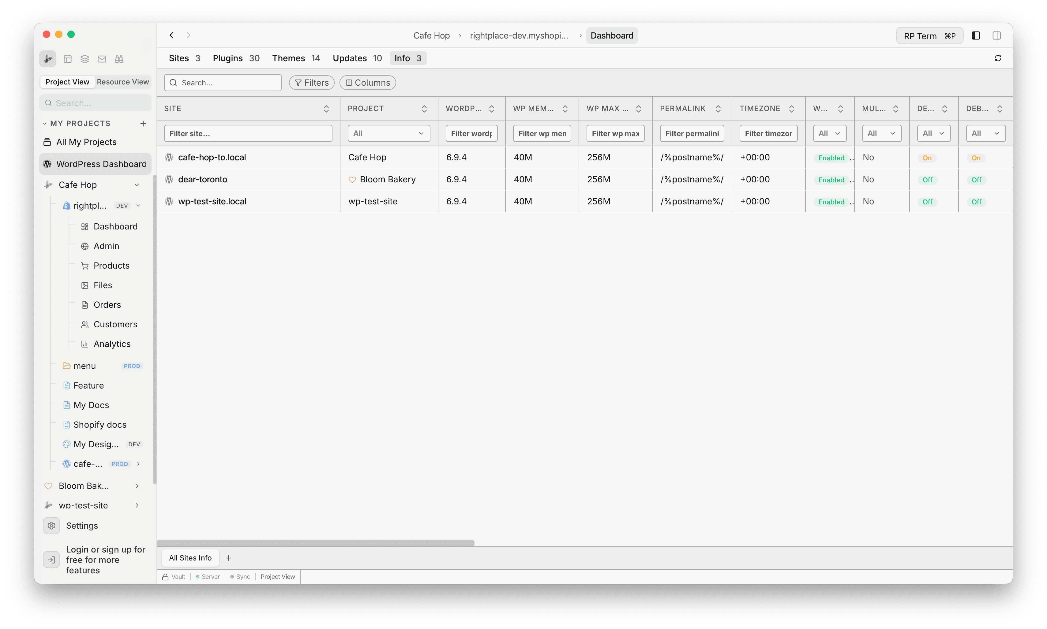 WordPress Global Dashboard Info tab comparing WordPress version, memory, permalinks, timezone, multisite, and debug flags across sites