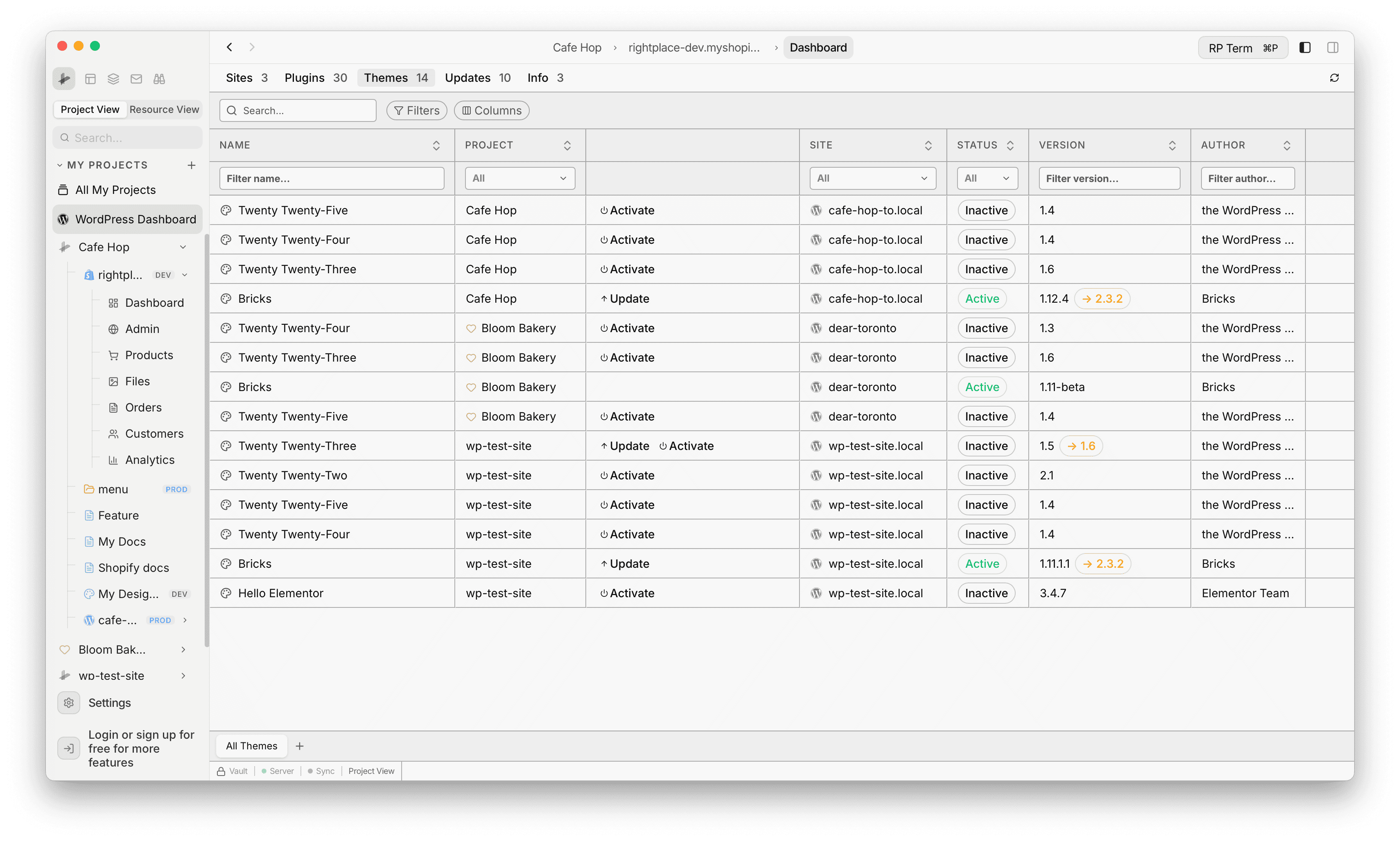 WordPress Global Dashboard Themes tab with theme names, project, site, active or inactive status, and version arrows for updates