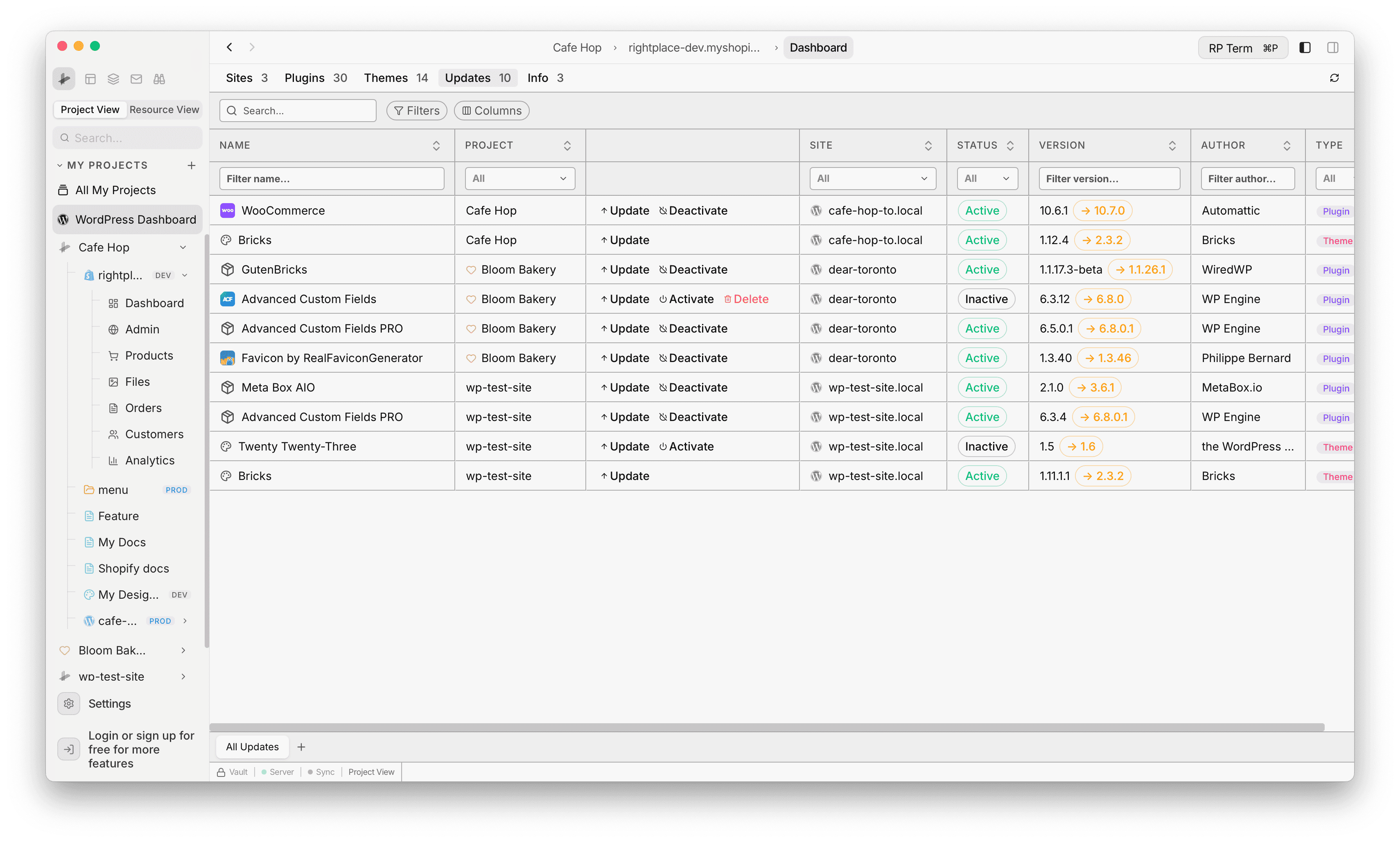 WordPress Global Dashboard Updates tab listing plugins and themes with pending versions and update actions
