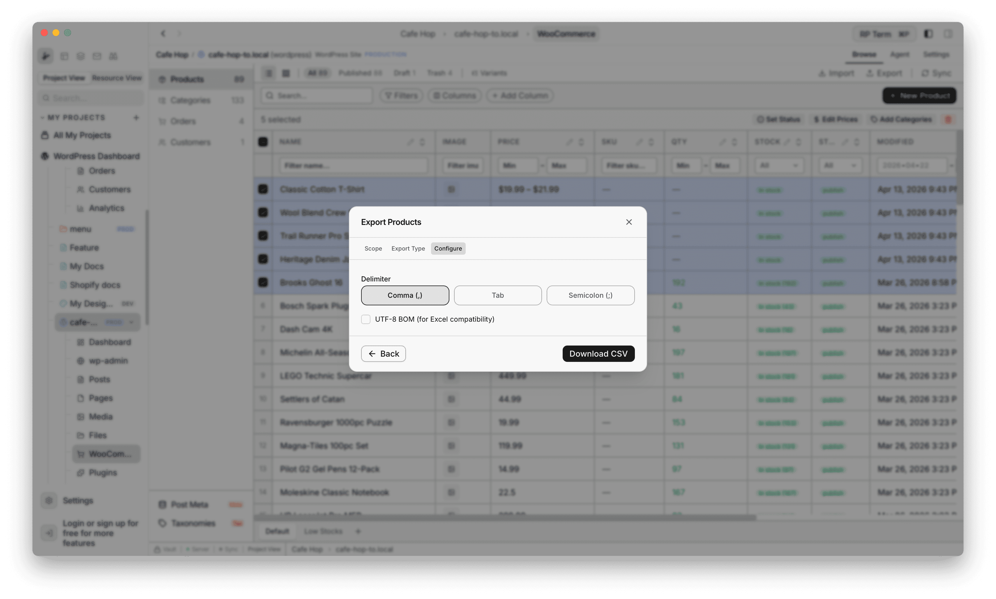 Export Products Configure step after choosing Download CSV