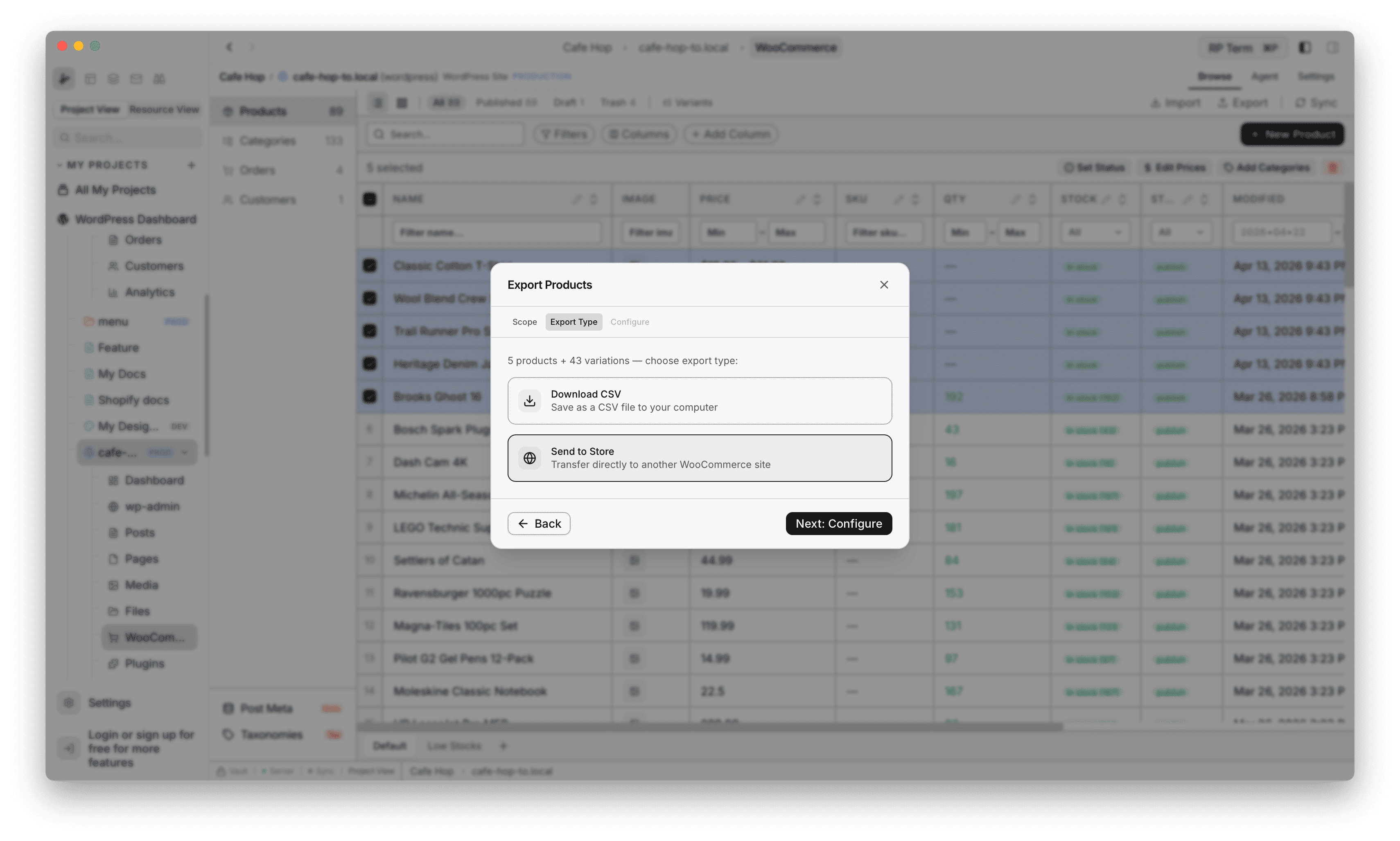 Export Products step Export type with Send to Store selected
