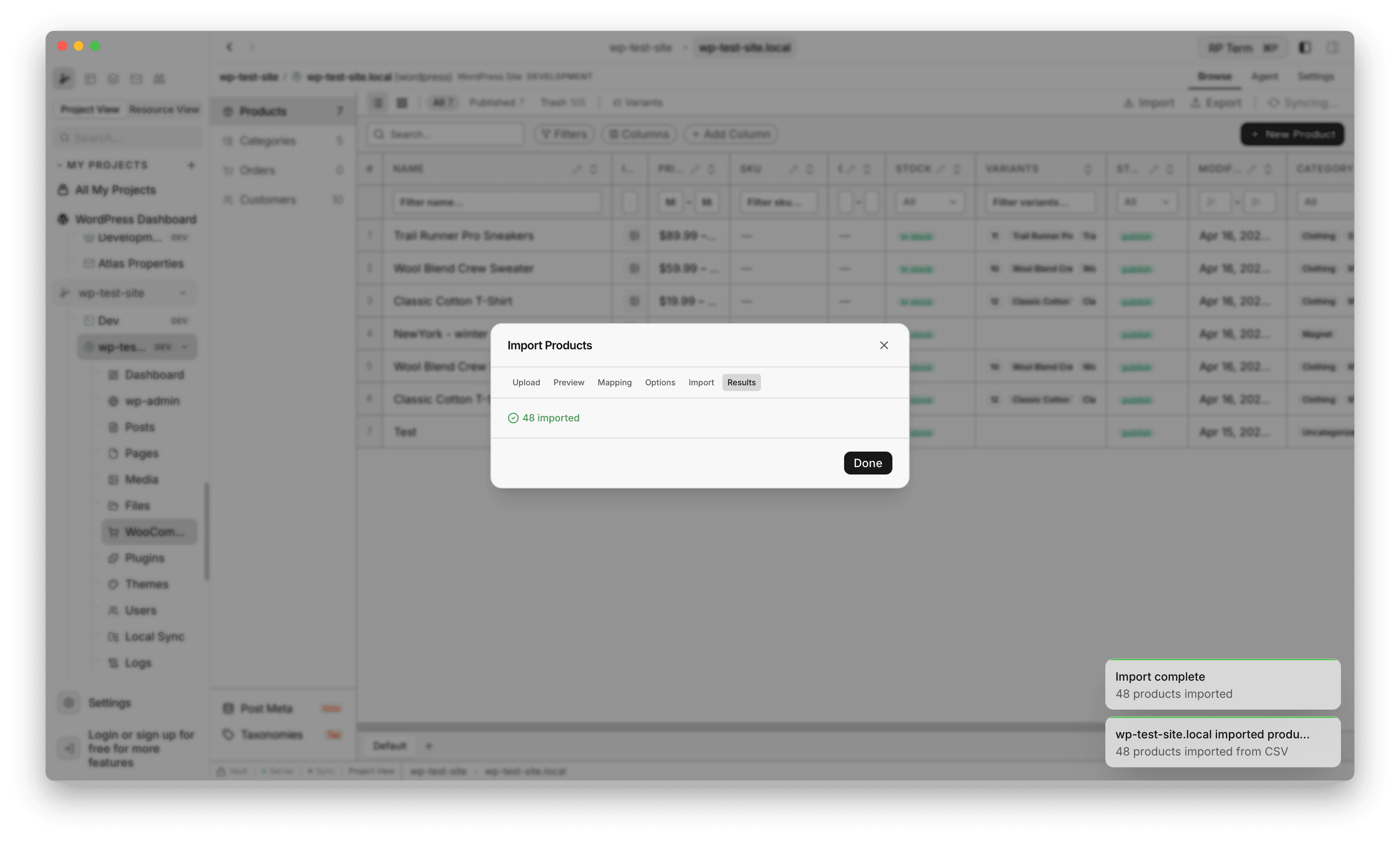 Import Products Results step