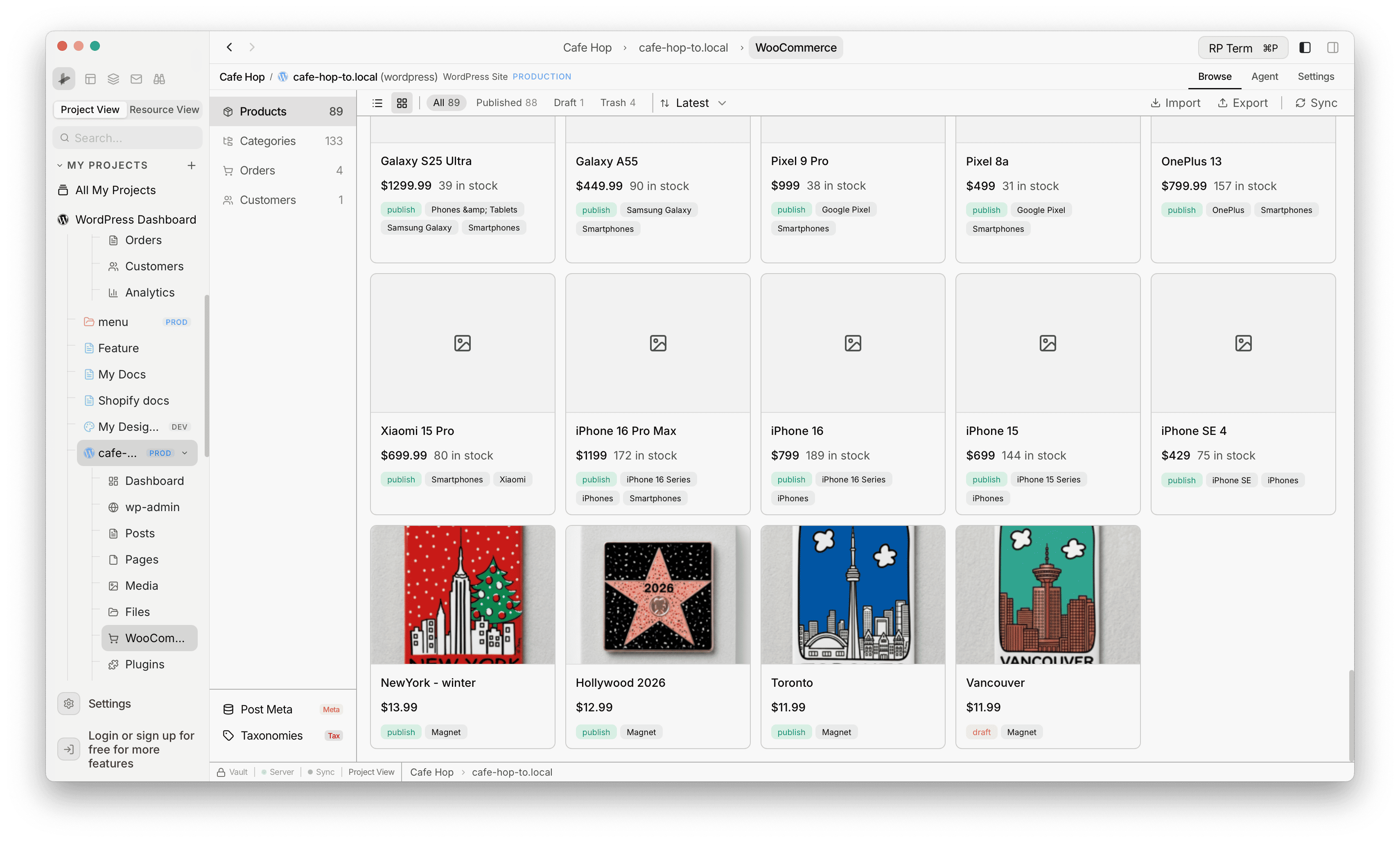 WooCommerce Products card grid with images, prices, and category pills