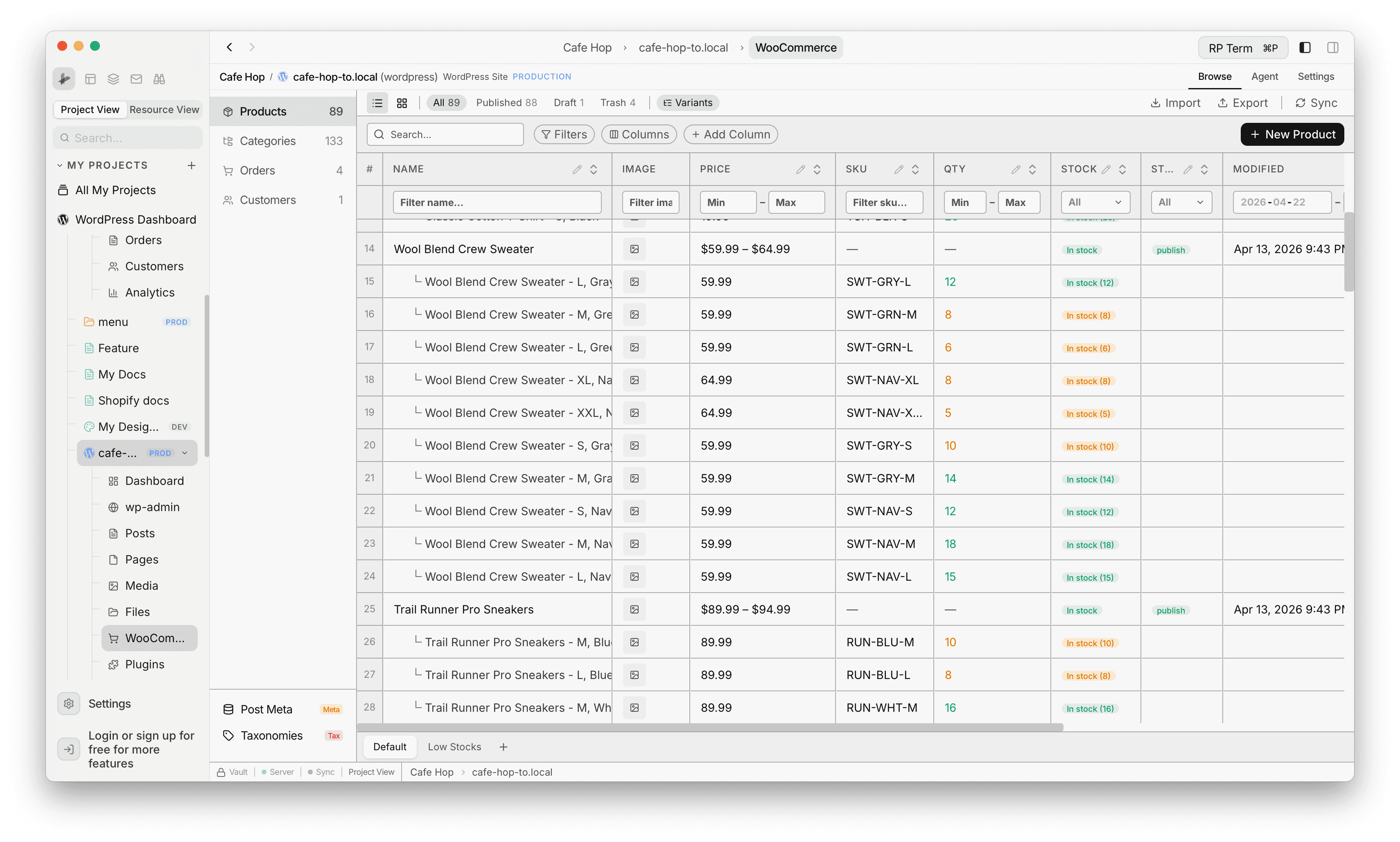 WooCommerce Products table with status pills, toolbar, and product rows